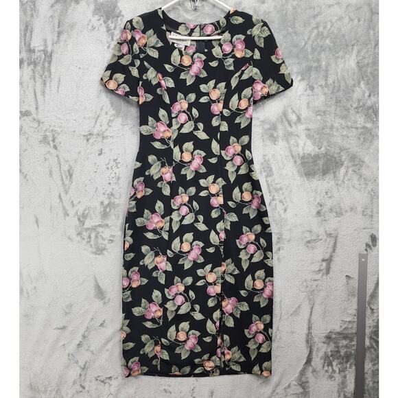 La Belle Dresses & Skirts - Vintage 90s La Belle Dress Womens 7 Juniors Black Floral Sheath Midi Back Zip